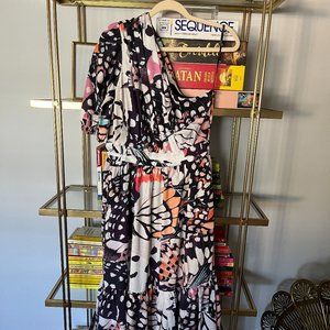 eShakti One-Shoulder Butterfly Print Crepe Ruffle Flounce Dress